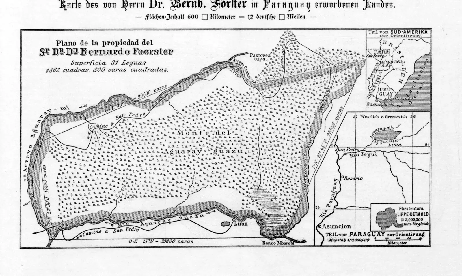 Historische kaart uit 1891 van het grondgebied van Bernhard Förster in Paraguay, de grond van de Duitse kolonie Nueva Germania