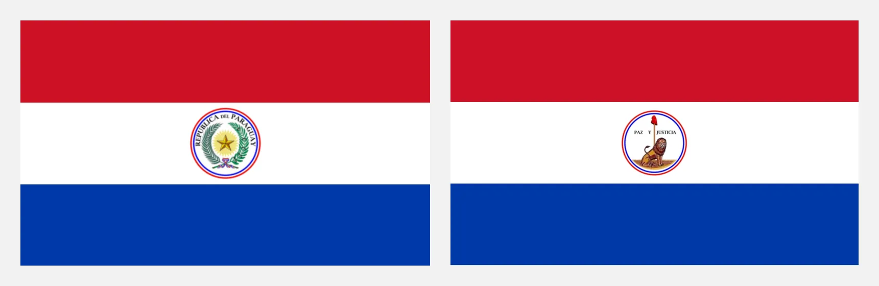 De vlag van Paraguay: links de voorzijde met het staatswapen, rechts de achterzijde met de leeuw en Paz y Justicia